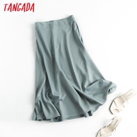 Tangada damska solidna satynowa spódnica trzy czwarte vintage boczny zamek błyskawiczny biurowa, damska elegancka elegancka spódnice trapezowe 6D18 5